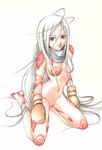  albino bodysuit breasts collar colored_eyelashes deadman_wonderland gloves long_hair mamao mittens red_eyes shiro_(deadman_wonderland) silver_hair skin_tight solo white_hair 