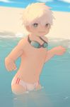  1boy :d backlighting bare_chest beach blue_eyes blue_sky blurry blush bulge collarbone contrapposto cowboy_shot day depth_of_field dripping goggles goggles_around_neck hair_between_eyes hands_up ikutsuki looking_at_viewer male_focus male_swimwear navel nipples open_mouth original outdoors sky smile solo spiked_hair standing striped swim_briefs swimwear vertical_stripes wading water white_hair 