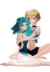  absurdres bad_id bad_pixiv_id bishoujo_senshi_sailor_moon blonde_hair blue_eyes casual green_hair highres hug kaiou_michiru long_hair looking_at_viewer multiple_girls nametake_(nametake729) navel short_hair shorts simple_background sitting smile tattoo ten'ou_haruka very_short_hair white_background yellow_eyes yuri 