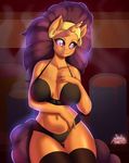  2016 absurd_res anthro anthrofied bra breasts clothed clothing ear_piercing equine female friendship_is_magic hair hand_on_breast hi_res horn inside legwear long_hair mammal my_little_pony navel piercing purple_hair saffron_masala_(mlp) smile solo souladdicted steam thigh_highs underwear unicorn 