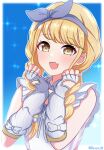  1girl arm_warmers blonde_hair blush braid commentary_request fujita_kotone gakuen_idolmaster highres idolmaster long_hair looking_at_viewer open_mouth ronpa shirt sleeveless sleeveless_shirt smile solo twin_braids upper_body yellow_eyes 