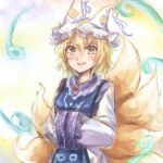  1girl animal_ears blonde_hair blue_tabard blush commentary dress fox_ears fox_tail hat highres long_sleeves mob_cap multiple_tails open_mouth own_hands_together short_hair solo tabard tail touhou uwazumi white_background white_dress white_hat wide_sleeves yakumo_ran yellow_eyes 