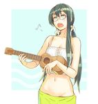  bare_shoulders black_hair blue_eyes eighth_note flower glasses hair_flower hair_ornament hairband instrument kantai_collection long_hair midriff music musical_note navel ooyodo_(kantai_collection) open_mouth semi-rimless_eyewear singing solo twintails ukulele under-rim_eyewear upper_body yuuji_(and) 