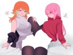  2girls alternate_costume blending blush breasts couple earrings feather_earrings feathers female_pervert highres hololive hololive_english implied_tribadism jewelry large_breasts long_hair long_sleeves meme mori_calliope multicolored_hair multiple_girls negative_space open_mouth orange_hair pervert pink_hair purple_eyes simple_background takanashi_kiara viqur virtual_youtuber white_background wife_and_wife yuri 