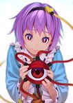  blue_shirt bright_pupils commentary_request eyeball eyebrows eyebrows_visible_through_hair eyelashes fingernails frilled_shirt_collar frills go_robots hair_ornament hairband heart heart_hair_ornament holding komeiji_satori long_sleeves looking_at_viewer purple_hair red_eyes ribbon-trimmed_collar ribbon_trim shirt short_hair simple_background smile solo third_eye touhou upper_body white_background white_pupils wide_sleeves 