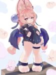  1girl animal_ear_fluff animal_ear_piercing animal_ears animal_feet black_dress black_wings braid braided_twintails closed_mouth cosplay dress furry furry_female hair_between_eyes hair_ornament hands_on_own_hips long_hair looking_at_viewer pink_fur pink_hair rabbit_ears rabbit_girl red_eyes remielle_dan remielle_dan_(cosplay) solo sphere_hair_ornament standing thigh_strap uixy wings zenless_zone_zero zhao_(zenless_zone_zero) 