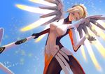  2016 absurdres blonde_hair blue_eyes blue_sky bodysuit breasts covered_navel cowboy_shot dated day gloves highres holding holding_staff large_breasts light_particles lips long_hair looking_to_the_side mechanical_halo mechanical_wings mercy_(overwatch) outdoors outstretched_hand overwatch pantyhose short_hair signature sky smile solo spread_wings staff wings yellow_wings yu_shu_black_joker 