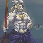  abs amphibian anthro asgore_dreemurr caprine clothed clothing goat male mammal muscular muscular_male nipples ponytale pubes su1ka sweat topless undertale undyne video_games weapon 