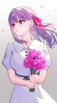  1girl absurdres bouquet breasts commentary_request dress fate/stay_night fate_(series) hair_ribbon highres large_breasts long_hair looking_to_the_side marumai matou_sakura puffy_short_sleeves puffy_sleeves purple_eyes purple_hair red_ribbon ribbon short_sleeves solo white_dress 