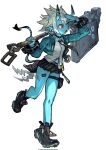  1girl aqua_jacket black_necktie black_shoes blue_horns blue_oni blue_skin blue_tail colored_skin commentary_request full_body hair_between_eyes hair_between_horns hand_on_own_forehead highres holding holding_weapon horns huge_weapon jacket multicolored_horns necktie oni open_mouth over_shoulder pointy_ears red_eyes reomenka shirt shoes short_hair simple_background skirt solo soukaku_(zenless_zone_zero) standing standing_on_one_leg thigh_strap two-tone_horns two-tone_tail weapon weapon_over_shoulder white_background white_hair white_shirt zenless_zone_zero 