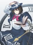  absurdres analog_clock black_capelet black_hat black_skirt book bow bowtie brown_eyes brown_hair capelet clock commentary commission hand_on_headwear hand_on_own_hat hat highres holding holding_book janne_cherry long_sleeves looking_at_viewer open_book parted_lips pixiv_commission red_bow red_bowtie shirt short_hair skirt smile touhou usami_renko white_shirt 