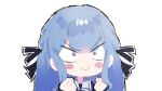  1girl bang_dream! bang_dream!_it's_mygo!!!!! black_ribbon blue_hair blue_shirt blush chibi chibi_only closed_mouth hair_ribbon highres long_hair peke_(pekeiscat) ribbon school_uniform shirt sidelocks solo togawa_sakiko tsukinomori_school_uniform 