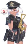 1girl ass_visible_through_thighs b&amp;t_gl-06 belt_pouch beretta_92 black_gloves black_hat black_shorts blue_eyes blue_shirt breasts bulletproof_vest commentary_request english_text gloves grenade_launcher gun handgun hat highres holding holster holstered looking_at_viewer medium_hair open_mouth original police_hat pouch purple_eyes samaru_(seiga) shirt short_shorts short_sleeves shorts side_ponytail small_breasts solo speech_bubble spoken_object weapon white_hair 