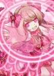  1girl blonde_hair chaos_marie_(grimms_notes) cleavage_cutout clothing_cutout corset frilled_corset frills grimms_notes hair_ribbon heart heart-shaped_pupils long_hair long_sidelocks looking_at_viewer magical_girl nai_0 outstretched_arm pink_eyes pink_ribbon puffy_short_sleeves puffy_sleeves red_corset ribbon short_sleeves sidelocks symbol-shaped_pupils 
