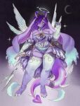  10_wings 2026 2_horns 5_fingers accessory angel anthro armwear band-aid band-aid_on_face band-aid_on_nose bandage bandage_on_face bandage_on_nose bare_shoulders bow_ribbon breast_markings breasts brown_eyes button_(fastener) claws cleavage clothed clothing crescent_moon curled_fingers curved_horn cutlass demon digitigrade dreadlock_cuffs dreadlocks dress elbow_gloves feathered_wings feathers feet female finger_claws fingerless_armwear fingerless_gloves fingers flowing_hair frilly frilly_armwear frilly_clothing frilly_dress front_view full-length_portrait fur furgonomics glistening glistening_melee_weapon glistening_sword glistening_weapon gloves glowing gold_trim gradient_background gradient_hair hair half-skirt halo handwear hi_res highlights_(coloring) hindpaw holding_melee_weapon holding_object holding_sword holding_weapon horn humanoid_hands lagomorph legwear leporid long_ears magical_girl_outfit mammal markings medium_breasts melee_weapon moon multi_wing multicolored_body multicolored_fur paws portrait purple_body purple_fur purple_hair purple_highlights purple_horn rabbit rabbit_ears raised_hand salem_(wolfertinger) shaded simple_background sky slightly_chubby slightly_chubby_anthro slightly_chubby_female small_waist smile smiling_at_viewer soft_shading solo sparkles star starry_hair starry_sky sword tail tail_accessory tailband teeth thick_thighs thigh_highs thong toe_claws toeless_thigh_highs trans_(lore) trans_man_(lore) twintails_(hairstyle) underwear weapon white_armwear white_clothing white_elbow_gloves white_gloves white_handwear white_legwear white_neckwear white_thigh_highs white_wings wings wolfertinger wolpertinger y_nose 