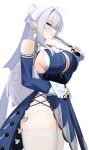  1girl 4kebidayo ascot bare_shoulders blue_dress blush breasts cleavage clothing_cutout commentary_request dress grey_hair hair_over_one_eye hand_fan highres holding holding_fan large_breasts long_hair looking_at_viewer mole mole_under_mouth pointy_ears purple_eyes shoulder_cutout simple_background smile solo thick_thighs thighs velina_airgid white_background zenless_zone_zero 