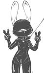  alec8ter anthro black_and_white blindfold blush bodysuit clothed clothing collar collar_tag disney female flat_chested front_view gag gagged gimp_suit hi_res judy_hopps lagomorph leash looking_at_viewer mammal mask monochrome open_mouth rabbit rubber simple_background skinsuit solo text tight_clothing v_sign white_background zipper zootopia 