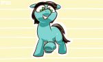  ambiguous_gender big_eyes brown_hair brown_tail earth_pony equine fan_character feral green_eyes hair hooves horse mammal my_little_pony pattern_background pokehidden pony quadruped simple_background smile solo striped_background teeth toony yellow_background 