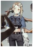  1girl absurdres applying_another's_makeup applying_makeup barcode belt black_belt black_choker black_pants blonde_hair blue_shirt blurry blurry_background border choker chromatic_aberration colored_eyelashes double_bun gakuen_idolmaster grey_background hair_bun hair_ornament hairclip highres holding holding_brush holding_makeup_brush idolmaster layered_sleeves long_hair long_sleeves looking_at_viewer makeup_brush midriff one_eye_closed orange_eyes pants print_shirt shinosawa_hiro shirt short_over_long_sleeves short_sleeves skeleton_print solo_focus velocremax white_border 