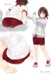  ama_mitsuki artist_name ass barefoot blush bra brown_eyes brown_hair dated duplicate feet from_behind gym_shirt gym_shorts gym_uniform hair_ribbon hayasui_(kantai_collection) jacket kantai_collection kibasen multiple_views no_socks pantylines red_ribbon red_shorts ribbon shirt shoes short_hair shorts signature simple_background sitting sneakers soles stretch striped_jacket toes track_jacket underwear wariza white_background 