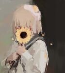  1girl blonde_hair closed_eyes covered_face egg egg_(food) egg_yolk flower food food_on_head fried_egg glasses highres long_sleeves nyaausea object_on_head red-framed_eyewear sailor_collar school_uniform serafuku shimeji_simulation shirt short_hair sunflower white_shirt winter_uniform yamashita_majime yellow_flower 