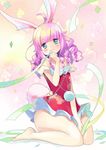  ahoge animal_ears bare_shoulders barefoot blue_eyes blush bunny_ears confetti curly_hair dress elin_(tera) jewelry long_hair looking_at_viewer necklace pink_hair protected_link ribbon short_dress sitting smile solo tail tera_online 