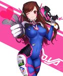  ;) ankkoyom bangs bodysuit breasts brown_eyes brown_hair closed_mouth covered_navel d.va_(overwatch) facial_mark finger_gun gloves gun headphones highres large_breasts lips long_hair looking_at_viewer one_eye_closed overwatch pilot_suit pointing pointing_at_viewer skin_tight skindentation smile solo swept_bangs weapon whisker_markings white_gloves 