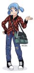  1girl bag black_shoes blue_eyes blue_hair checkered_clothes checkered_shirt converse denim hand_on_own_hip highres jeans naganohara_mio nichijou nofugo pants ruler shirt shoes short_hair short_twintails shoulder_bag simple_background smile torn_clothes torn_jeans torn_pants twintails twitter_username 