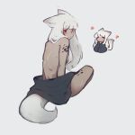  1girl =_= absurdres animal_ears arknights blush breasts chibi chibi_inset commentary english_commentary fox_ears fox_girl fox_tail frostleaf_(arknights) highres long_hair material_growth nude oripathy_lesion_(arknights) red_eyes sideboob simple_background solo soren_(monoixvi) tail white_background white_hair wrapped_in_blanket 
