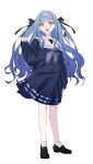  1girl bang_dream! bang_dream!_it's_mygo!!!!! black_ribbon black_shoes blue_hair blue_shirt blue_skirt blush commentary full_body grey_neckerchief hair_ribbon hand_up highres long_hair neckerchief open_mouth peke_(pekeiscat) ribbon school_uniform shirt shoes simple_background skirt sleeves_past_wrists socks solo togawa_sakiko tsukinomori_school_uniform white_background white_socks yellow_eyes 