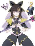  1boy 1girl black_capelet black_dress black_hair blonde_hair capelet commentary_request cosplay cure_arcana_shadow cure_arcana_shadow_(cosplay) dress highres holding holding_staff idolmaster idolmaster_shiny_colors ikaruga_luca korean_commentary laughing meitantei_precure! moria_luluka multicolored_hair p-head_producer pointing pointing_at_another precure producer_(idolmaster) rip_van_winkle_(chlwhdgk3) shaded_face simple_background staff streaked_hair two-tone_hair white_background wrist_cuffs 