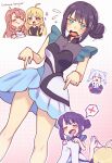  4girls ahoge ayatsumugi_roka black_hair blonde_hair blush cho_kaguya-hime! commentary english_commentary green_eyes grey_hair hair_bun highres holding holding_pants holding_unworn_clothes kaguya_(cho_kaguya-hime!) mole mole_under_eye multiple_girls open_mouth palms_together pants pink_hair pointing pointing_down runami_yachiyo runami_yachiyo_(mini) sakayori_iroha score sher_(imnotsher) single_hair_bun single_side_bun solo_focus sparkle spoken_x thumbs_up unworn_pants 