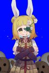  1girl absurdres armor armored_dress blonde_hair blue_background commentary cracked_skin crossed_arms double_bun dress flower flower_request gumingdi_ban hair_bun hair_ribbon haniwa_(statue) highres joutouguu_mayumi looking_at_viewer ribbon simple_background solo touhou vambraces white_flower white_ribbon yellow_dress yellow_eyes 
