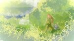  2girls aged_down beret child closed_mouth commentary_request expressionless green_hat green_skirt green_vest grey_hair hat highres holding_hands hong_meiling izayoi_sakuya lake long_hair multiple_girls nature niy_(nenenoa) one-hour_drawing_challenge open_mouth outdoors plant puffy_short_sleeves puffy_sleeves red_hair shirt short_sleeves side_slit skirt standing touhou vest white_shirt wide_shot 