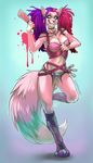  anthro breasts canine cigarette clothing corset female hair kaitycuddle lingerie looking_at_viewer machete mammal melee_weapon multicolored_hair navel panties simple_background smile solo teeth two_tone_hair underwear weapon 