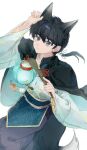  1boy animal_ears black_capelet black_hair blue_tabard capelet cat_ears grey_eyes holding holding_lantern kemonomimi_mode kis0w0 lantern looking_at_viewer male_focus ranma_1/2 saotome_ranma saotome_ranma_(male) simple_background solo tabard white_background 