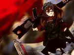  assault_rifle bad_gun_anatomy brown_eyes brown_hair cigarette dragunov_svd flat_chest gun kantai_collection karakure_(kamo-nanban) long_hair rifle ryuujou_(kantai_collection) scroll smoking sniper_rifle solo twintails upper_body visor_cap weapon 