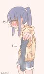  1girl akari-san_(hadakichi) blue_hair blush dated female hadakichi hood hoodie original pointy_ears ponytail shorts smell socks solo standing 