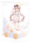  1girl absurdres baixiaojie bikini blue_archive brown_eyes brown_hair commentary commission english_text eyewear_on_head frilled_bikini frills halo hifumi_(blue_archive) hifumi_(swimsuit)_(blue_archive) highres long_hair low_twintails official_alternate_costume oversized_object peroro_(blue_archive) ribbon-trimmed_bikini ribbon_trim ruffle_bikini side-tie_bikini_bottom sitting solo stuffed_animal stuffed_bird stuffed_toy sunglasses swimsuit twintails v white_bikini winged_halo yellow_halo 