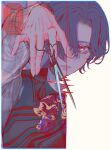  1girl asahina_mafuyu black_vest border bow bowtie closed_mouth commentary_request hair_between_eyes highres holding holding_scissors long_sleeves looking_at_viewer mi_mintia3010 project_sekai purple_bow purple_bowtie purple_eyes purple_hair scissors shirt short_hair simple_background solo twitter_username upper_body vest watermark white_background white_border white_shirt 