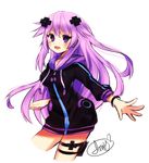  adult_neptune blush d-pad d-pad_hair_ornament hair_ornament hood hooded_track_jacket jacket long_hair looking_at_viewer mayomi neptune_(series) open_mouth purple_eyes purple_hair smile solo track_jacket 