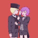  aged_down black_coat black_hat black_shirt black_vest blonde_hair bow bowtie char_aznable child coat coattails commentary_request dress_shirt expressionless garma_zabi grey_vest gundam hat mobile_suit_gundam_the_origin open_mouth peaked_cap purple_eyes purple_hair red_background shirt short_hair suit tailcoat tearing_up tira_zhang vest 