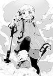  backpack bad_id bad_nicoseiga_id bag blush boots climbing cloud cloudy_sky greyscale hair_ornament hairclip highres jacket leg_warmers long_sleeves monochrome open_mouth outdoors pantyhose short_hair skirt sky smile solo standing takano_itsuki trekking_pole yama_no_susume yukimura_aoi 