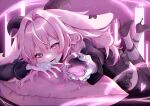  1girl animal_ears black_dress black_shoes black_thighhighs blush chromatic_aberration commentary_request cup dress femme_soule foreshortening gloves goat_ears goat_girl goat_horns grey_eyes heterochromia high_heels highres holding holding_cup horns legs_up long_hair looking_at_viewer lying moy multicolored_hair on_stomach parted_lips pillow pink_eyes pink_hair pukey_goddess_shot_trick saliva shoes sidelocks smile streaked_hair thighhighs white_gloves white_streaks 