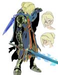  1girl armor armored_boots az_erooo9 blonde_hair boots braid braided_base bun_with_braided_base closed_mouth commentary_request crown_braid dual_wielding fire flaming_sword flaming_weapon freckles from_side gauntlets glasgow_smile green_eyes hair_bun holding holding_sword holding_weapon one_eye_closed original over_shoulder plate_armor scar scar_on_face scar_on_mouth simple_background smile solo sword tabard weapon weapon_over_shoulder white_background 