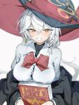  1girl black_jacket blue_archive blurry blurry_background blush book bow bowtie braid breast_rest breasts button_gap chromatic_aberration commentary_request diagonal-striped_bow diagonal-striped_bowtie diagonal-striped_clothes earrings eri_(blue_archive) grin hair_between_eyes halo hat highres holding holding_book jacket jacket_partially_removed jewelry large_breasts long_hair long_sleeves looking_at_viewer occult_studies_club_(blue_archive) open_mouth orange_eyes shirt side_braid single_earring smile solo striped_bow striped_bowtie striped_clothes tilted_halo turtleneck_under_shirt upper_body utsuro_(uturoi_ututu) white_background white_hair white_shirt witch_hat yellow_halo 