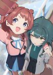  2girls absurdres amohassan arm_around_shoulder black_overskirt black_skirt blue_ribbon blue_skirt blush brown_jacket cellphone coat commentary_request gakuen_idolmaster green_shirt grey_coat hanami_saki highres holding holding_phone idolmaster jacket looking_at_another looking_at_phone multiple_girls neck_ribbon phone pleated_skirt ribbon selfie shirt skirt smartphone smile tsukimura_temari w white_shirt 