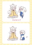  :3 child chimi_(parascenium) directional_arrow japanese_clothes kogitsunemaru male_focus multiple_boys nakigitsune sitting sleeves_past_wrists touken_ranbu track_suit translation_request white_hair younger 