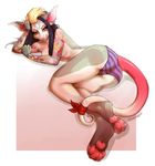  anthro breasts butt clothed clothing ear_piercing female half-closed_eyes kaitycuddle looking_at_viewer lying mammal marsupial mostly_nude on_side opossum piercing simple_background smile solo tattoo topless underwear 