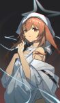  1girl arknights bare_shoulders black_background brown_eyes brown_hair chinese_commentary chromatic_aberration commentary_request dress halo hand_on_own_chest hierda_(arknights) highres hood hood_up hooded_dress kknico light_particles light_trail long_hair looking_at_viewer off_shoulder parted_lips solo upper_body white_dress white_halo white_hood 
